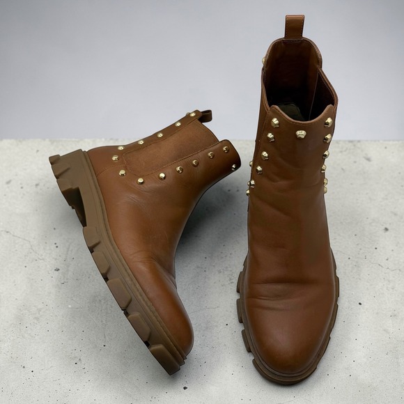 Michael Kors Ridley Gore Bootie Leather Studded Luggage Tan Chelsea Boot size 8 - Picture 1 of 8